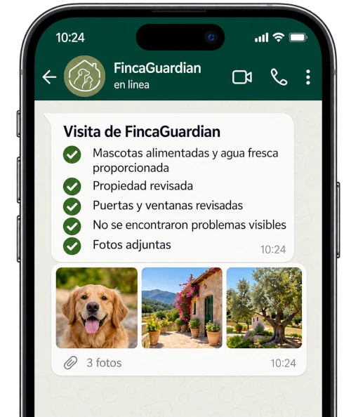 Actualización de cuidado de mascotas y propiedad de FincaGuardian en un smartphone